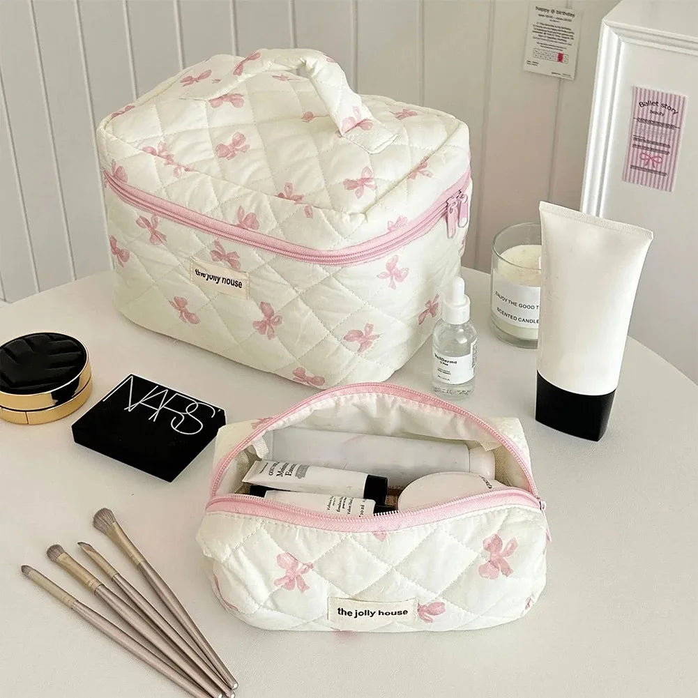 1PC Pink Strawberry Women Cosmetic Quilted Bag Portable Travel Organizer Toiletry Makeup Storage Pouch Handbag Ladies Zipper Bag