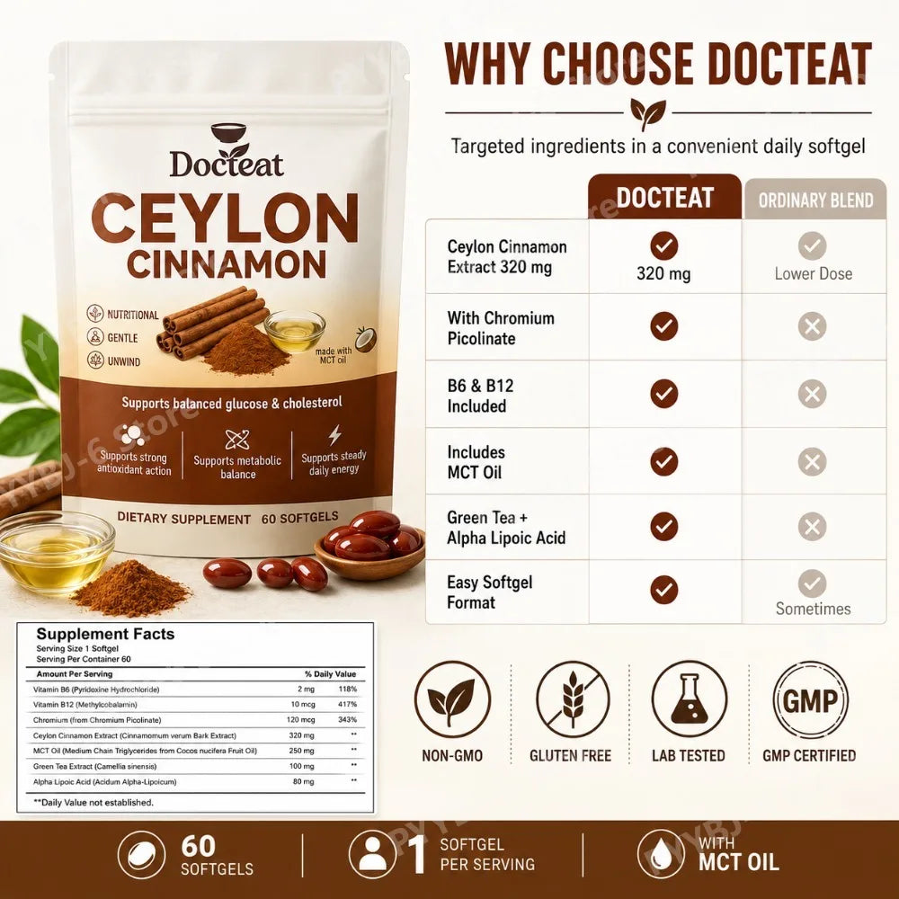 Docteat Energy Support Softgels Ceylon Cinnamon Antioxidant Action and Metabolic Balance 60 CT for Adults Daily Vitality