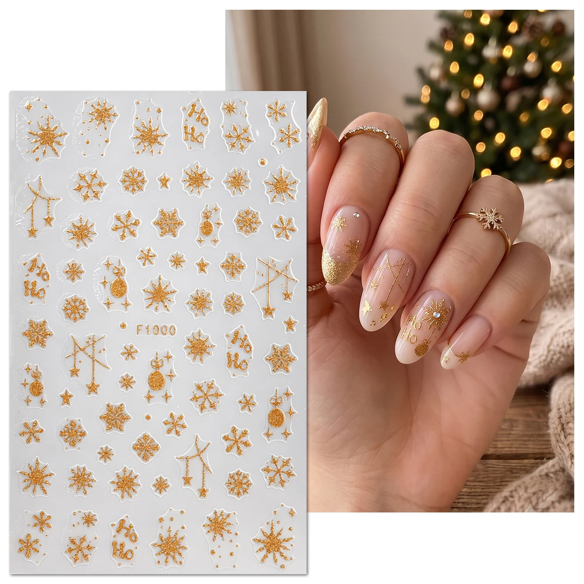 3Pcs 3D Glitter Gold Christmas Nail Stickers, Snowflake Sweater Pattern Letter Decals, Winter Holiday Gift Party Nail Supplies