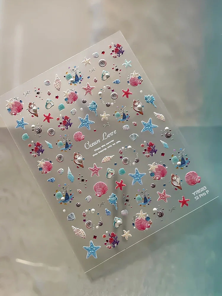 Silver Foil Ocean Nail Stickers 5D Embossed Starfish Shell Nail Art Decals Metallic Marine Manicure Decoration Summer DIY