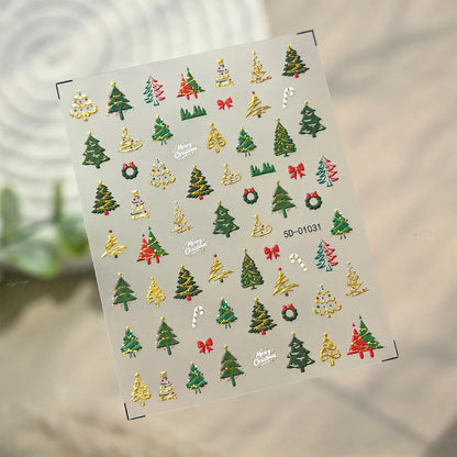 1pcs Gold-foiled Christmas Tree 5D Nail Stickers Bow Holly Snowflake Wreath Christmas Nail Decals Cartoon Merry Christmas Decora
