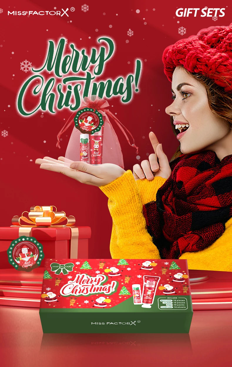 Christmas kit-10 sets/box hand cream kit, lip balm set, with Santa Card and red gift bag, party gift distribution