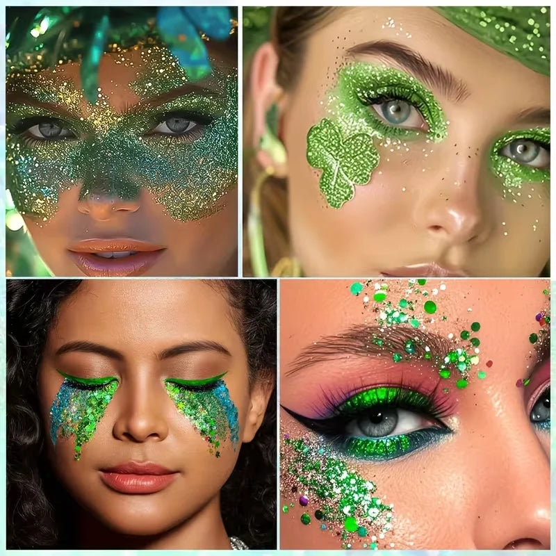 9 Colors Green Eyeshadow Palette + Glitter Gel + Brushes Set, Matte Shimmer Pigmented Makeup Kit for Halloween Cosplay Party