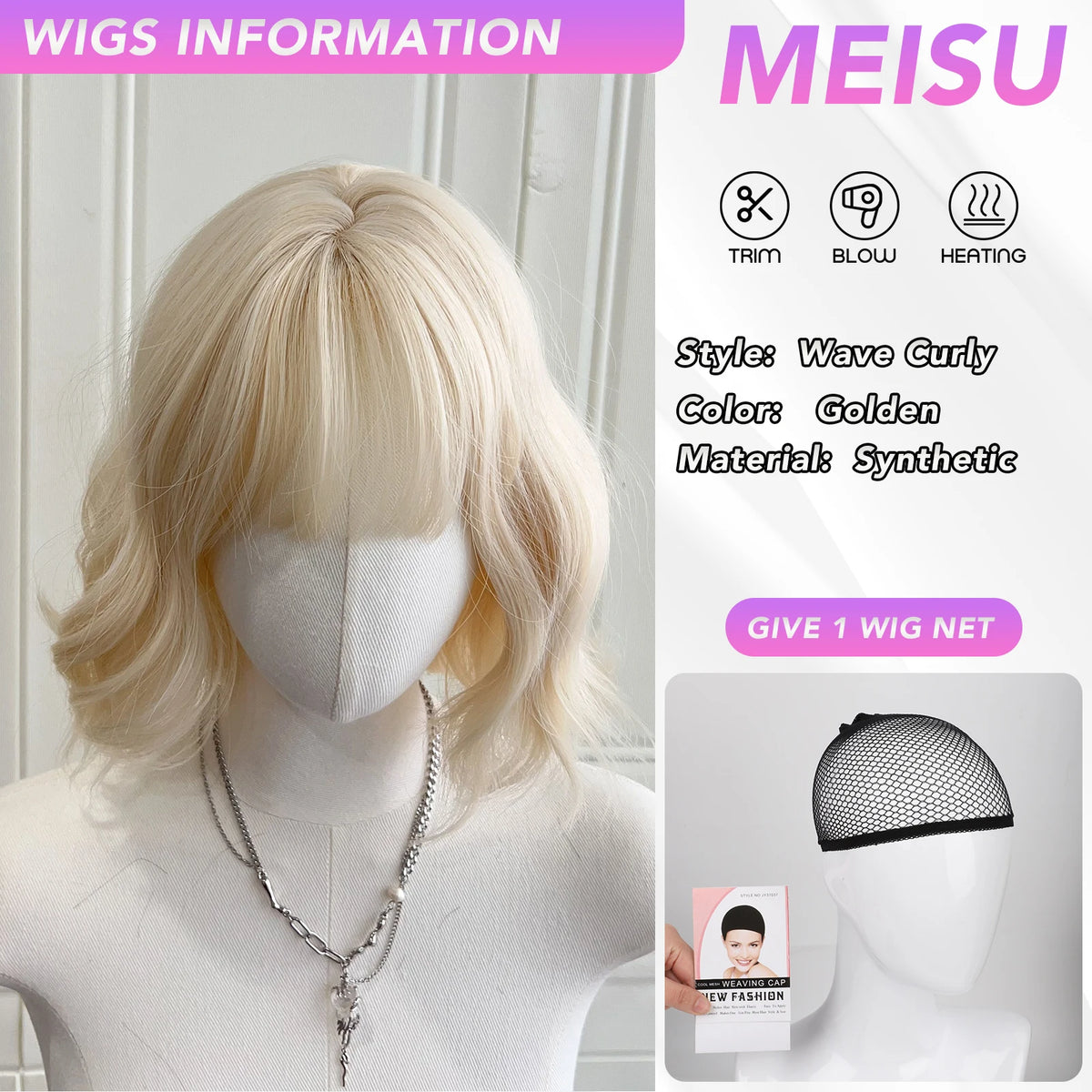 MEISU 12 Inch Short BOBO Wig Golden Synthetic Curly Wave Layered Wigs Fiber Heat-resistant Party or Cosplay Selfie For Women