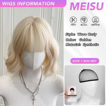 MEISU 12 Inch Short BOBO Wig Golden Synthetic Curly Wave Layered Wigs Fiber Heat-resistant Party or Cosplay Selfie For Women
