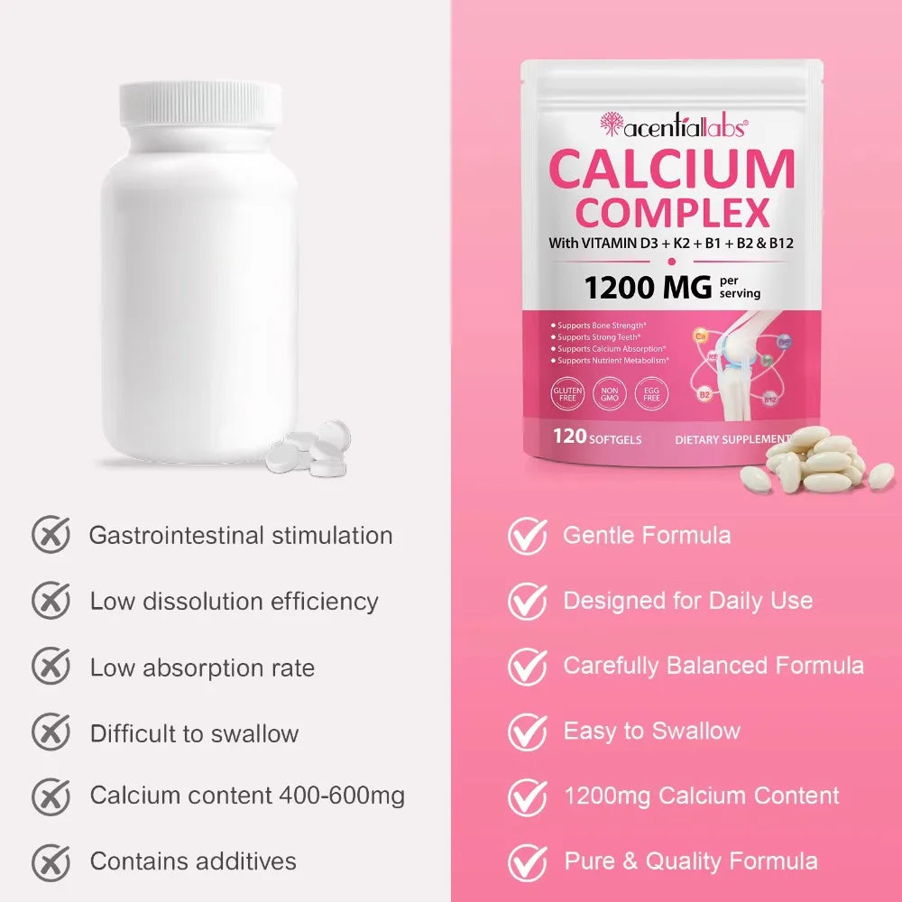 Calcium 1200mg D3 K2 B12 Softgels for Bone Strength, Teeth, Muscle, Heart & Immune Health, Gluten Free & Non-GMO, 120 Softgels