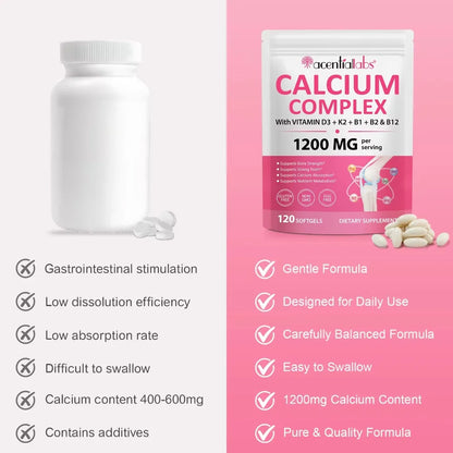 Calcium 1200mg D3 K2 B12 Softgels for Bone Strength, Teeth, Muscle, Heart & Immune Health, Gluten Free & Non-GMO, 120 Softgels