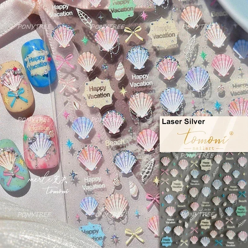 Gold Stamped Shell Conch Scallop Starfish Pearl 5D Embossed Self Adhesive Nail Art Stickers Delicate Ocean Style Manicure Decals