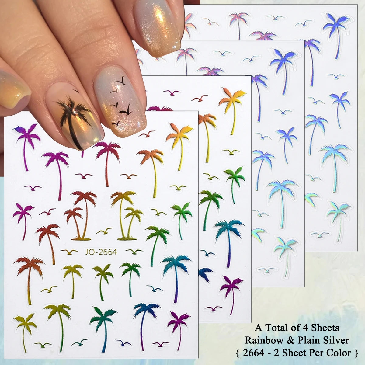2/4/8/12/20 Sheets 3D Palm Tree Nail Stickers Tropical Coconut Tree Seagull Self Adhesive Summer Beach Nail Decals