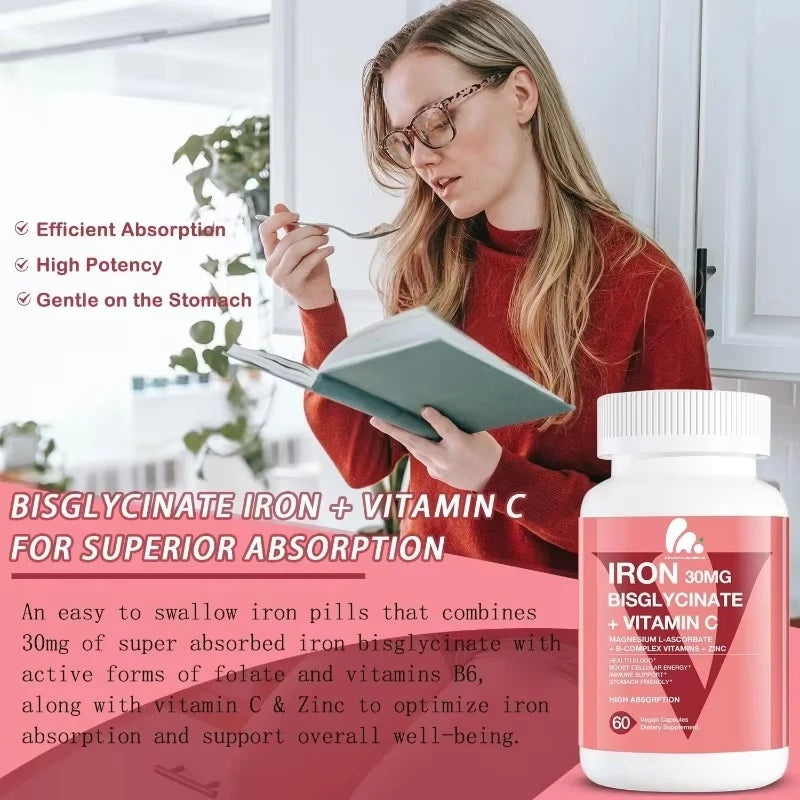 bisglycinate iron supplement -30mg containing vitamin C, B12, folic acid - high absorption, gluten free, non GMO -60 capsules