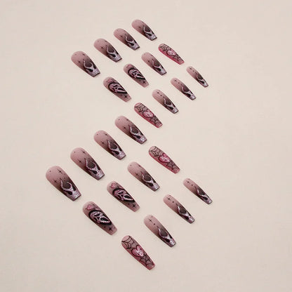 24pcs Glitter Pink Sequins Fake Nails 2025 Halloween Scary Skull Love Print False Nails Wearable European Ballet Press on Nails