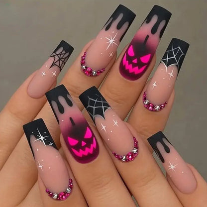 24pcs Glitter Pink Sequins Fake Nails 2025 Halloween Scary Skull Love Print False Nails Wearable European Ballet Press on Nails
