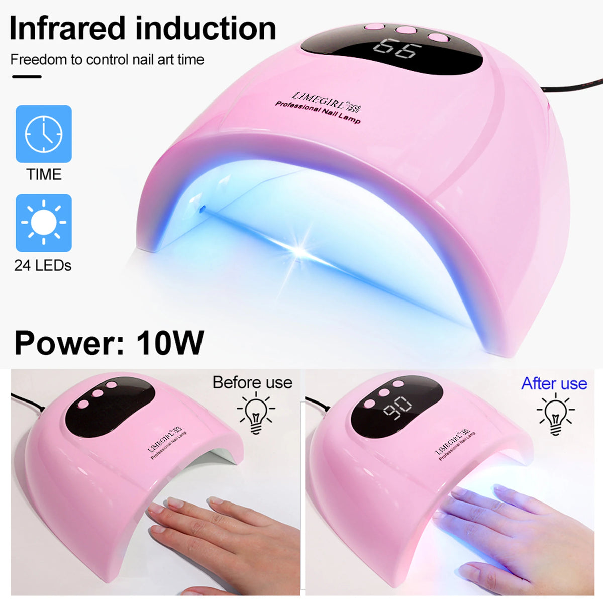 LIMEGIRL 24LED UV Lamp for Nails Gel Polish Varnish Drying With LED Display And Motion Sensing Professional Manicure UV Lamp for Acrylic Resin Dryer Home Use Tool