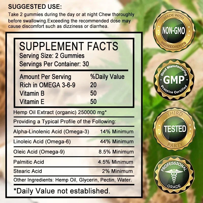 Contains Omega 3-6-9 Vitamin B, E Gummies - Stress Relief, Sleep, Mood, Skin, Nails, Focus, Joint Support, Non-GMO Supplement
