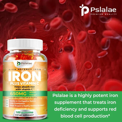 Iron Gummies 650 Mg - Supports Red Blood Cell Production, Promotes Absorption, Relieves Fatigue, Improves Energy, Gluten-free