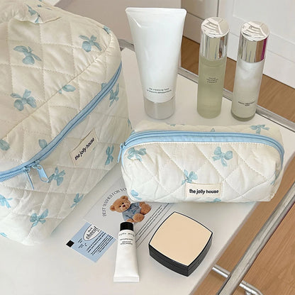 Cute Bow Flower Quilting Cotton Makeup Bag Women Zipper Cosmetic Organizer Female Cloth Handbag Portable Toiletry Case for Girls