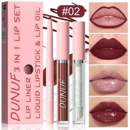 Matte Lip Liner Lip Gloss Lip Oil Set, 3-in-1 Waterproof Non-sticky Long-Lasting Lipstick, Nude Deep Red Mauve, Christmas Makeup