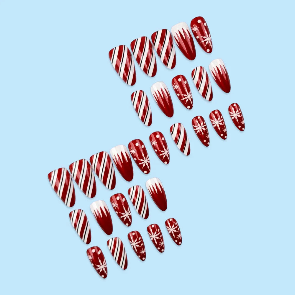 24pcs Christmas Red Metallic Press On Nails Luminous Glow In Dark Snowflake Candy Stripe Fake Nail Long Almond False Nail