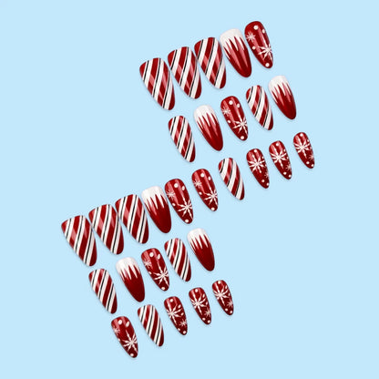 24pcs Christmas Red Metallic Press On Nails Luminous Glow In Dark Snowflake Candy Stripe Fake Nail Long Almond False Nail