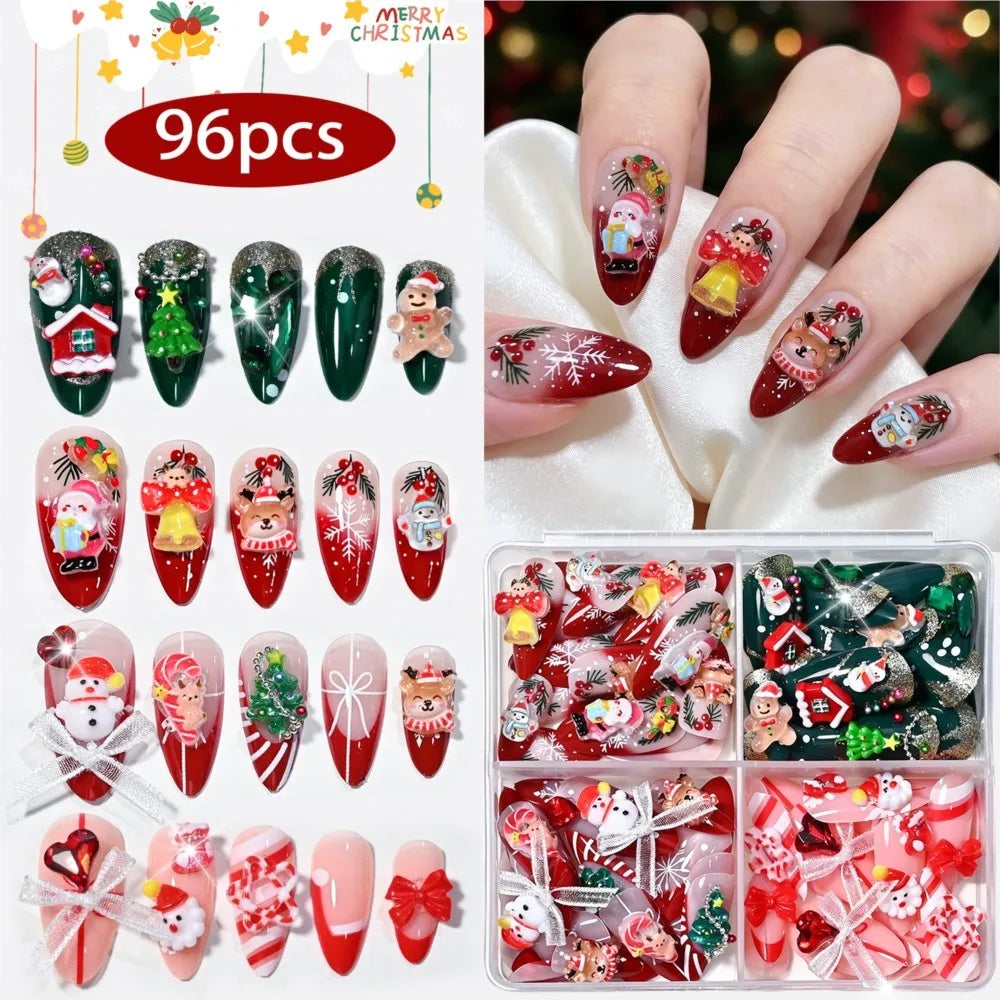 96PC 3D Red Green Medium Almond Christmas Press On Nails Cute Elk/Bell/Snowman/Santa Claus/Xmas Tree Fake Nails Full Cover Nails