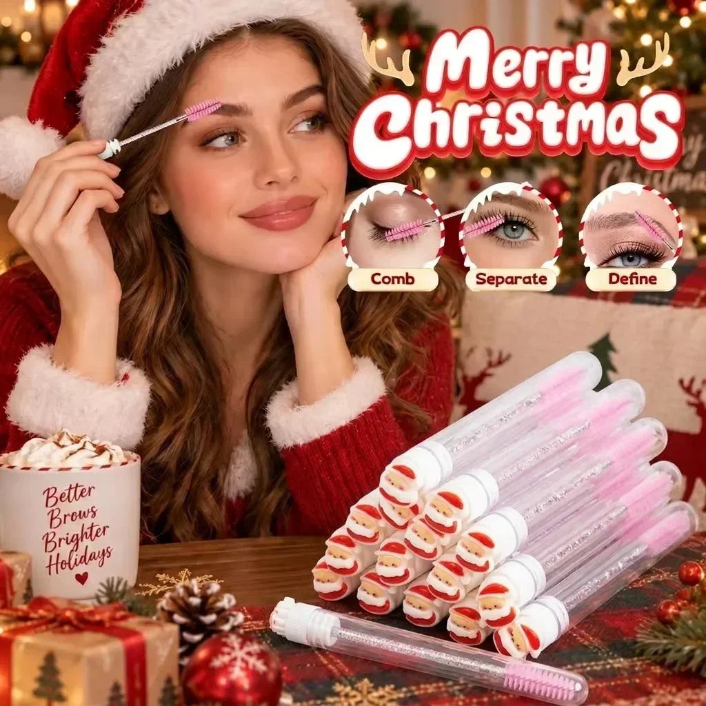 10pcs Christmas Mascara Eyelash Brush in Tube with Santa Claus Cap, Dust-Proof Reusable Mascara Wand Lash Applicator Makeup Tool