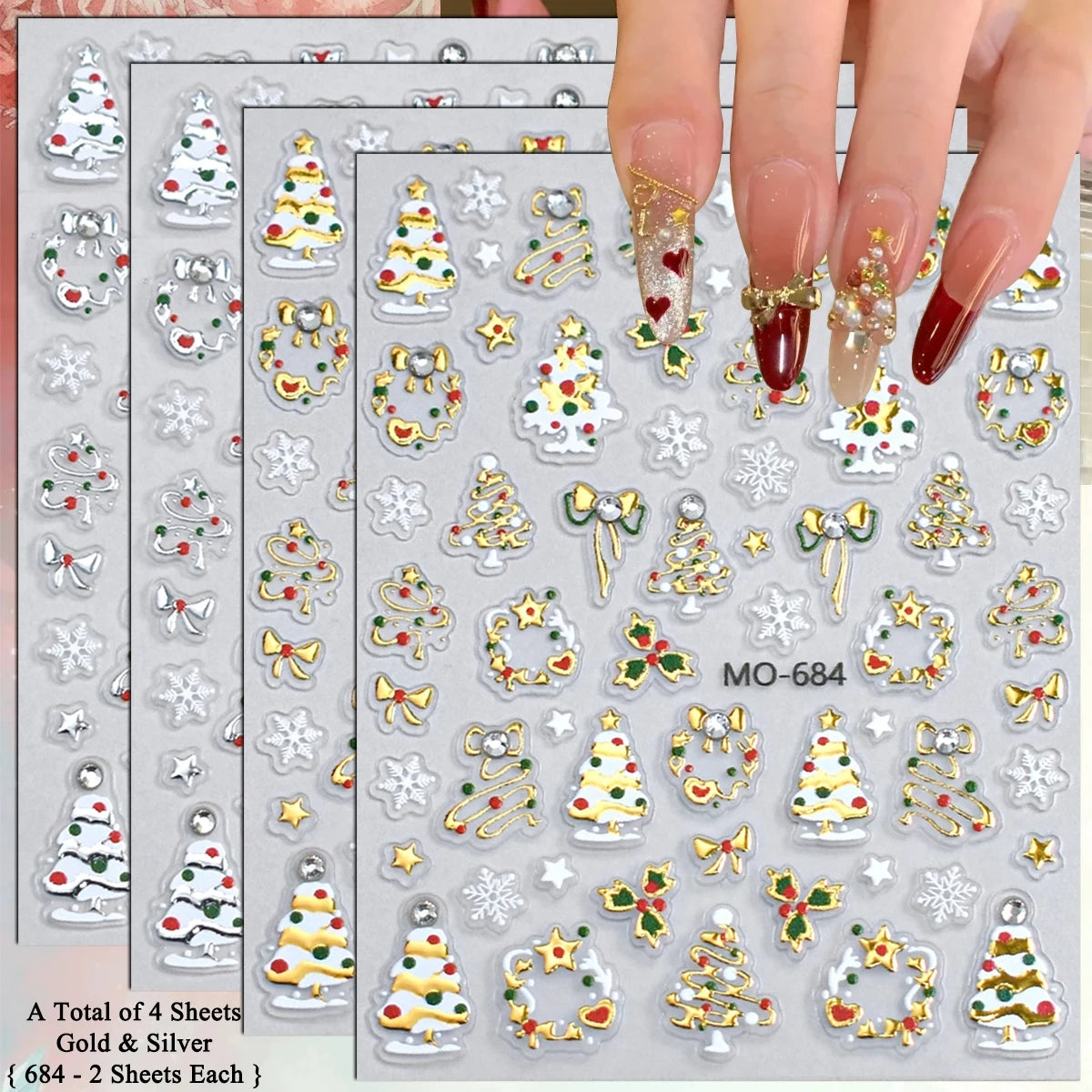 2 to 12 Sheets 5D Gold Silver Christmas Nail Decals Crystal Rhinestone Snowflake Xmas Tree Self Adhesive Nail Art Stickers