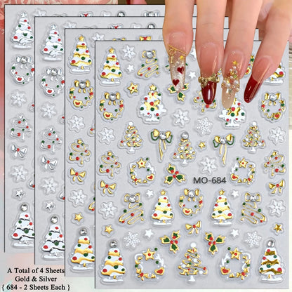 2 to 12 Sheets 5D Gold Silver Christmas Nail Decals Crystal Rhinestone Snowflake Xmas Tree Self Adhesive Nail Art Stickers