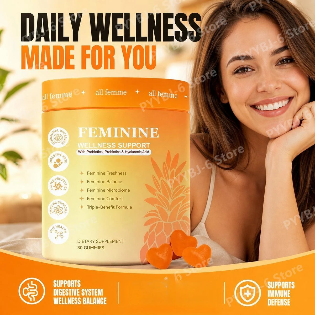 Women's Feminine Wellness Support Gummies with Vitamin B6, Zinc, Inulin & Hyaluronic Acid, for Digestive Balance, 30 Gummies