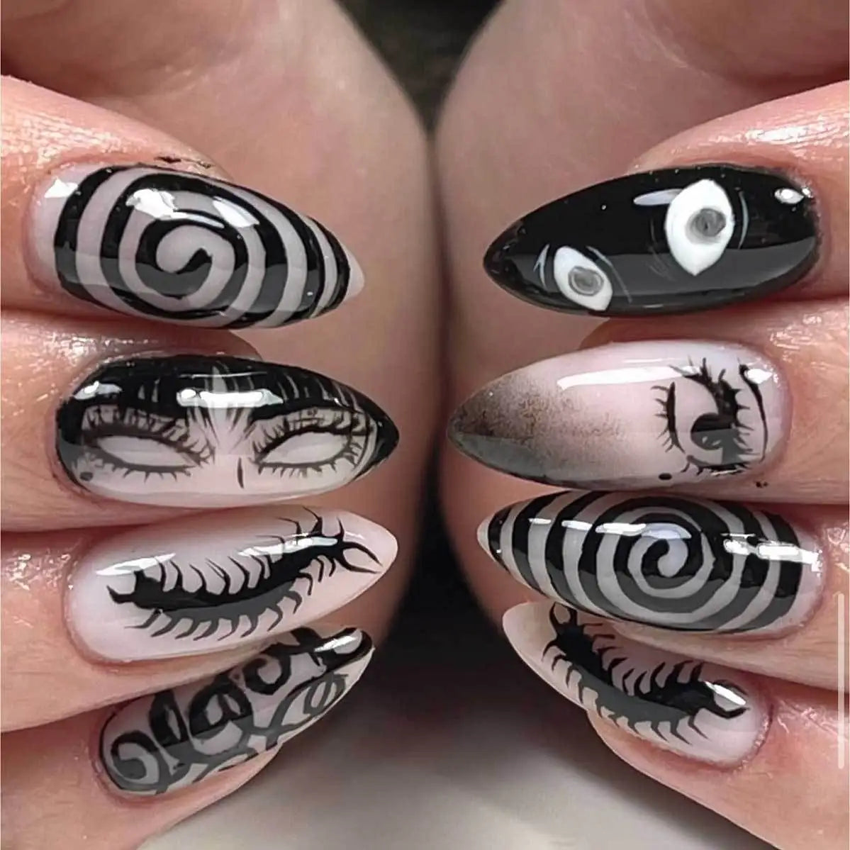 24pcs Black Spider Fake Nails Y2K Punk Style Girls Painted False Nails Full Cover Wearable Japanese Almond Press On Nails Tips