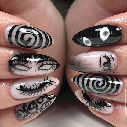 24pcs Black Spider Fake Nails Y2K Punk Style Girls Painted False Nails Full Cover Wearable Japanese Almond Press On Nails Tips