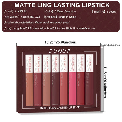 8pc/set Long-Lasting Lip Gloss Matte Waterproof Lipstick Lip Stain Non-transfer Highly Pigmented Nude Red Y2K Daily&Party Makeup
