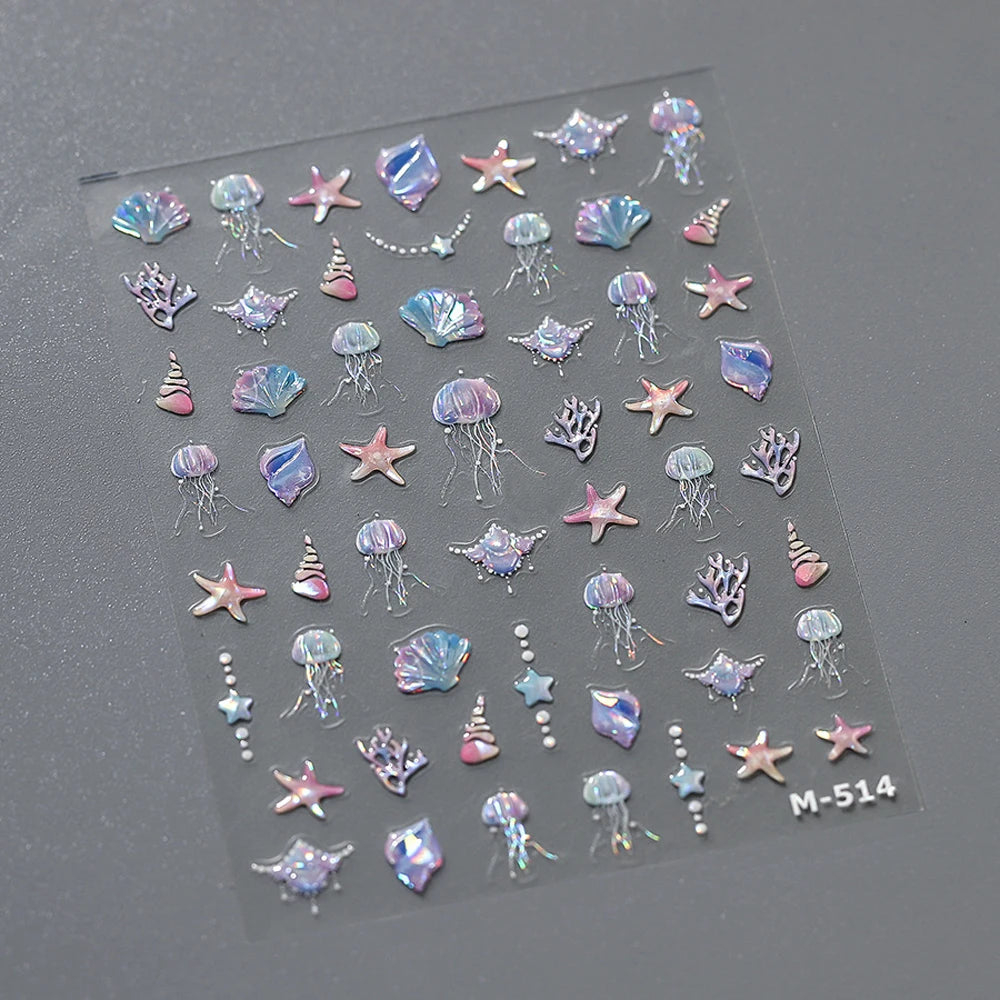1pc Shell Light Starfish Shell Nail Stickers Cute Starfish Decorative Stickers For Nails DIY 3D Self Adhesive Summer Nail Decals