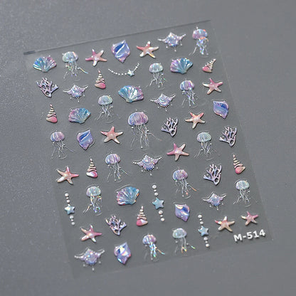 1pc Shell Light Starfish Shell Nail Stickers Cute Starfish Decorative Stickers For Nails DIY 3D Self Adhesive Summer Nail Decals