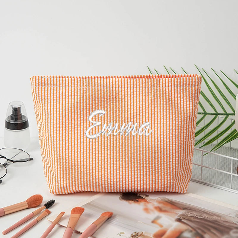 Customised Embroidery/Standard Style 2 Options, Bubble Gauze Striped Makeup Bag, Storage Pouch, Back-to-School Season