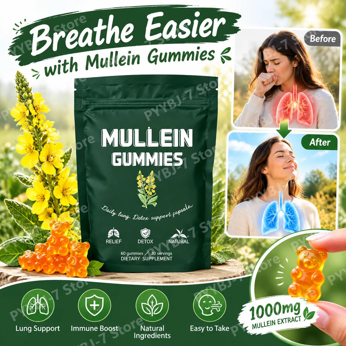 Mullein Lung Support Gummies Respiratory Health Pear Flavor Lung Health Sinus Relief Immune Boost Supplement 60 Count
