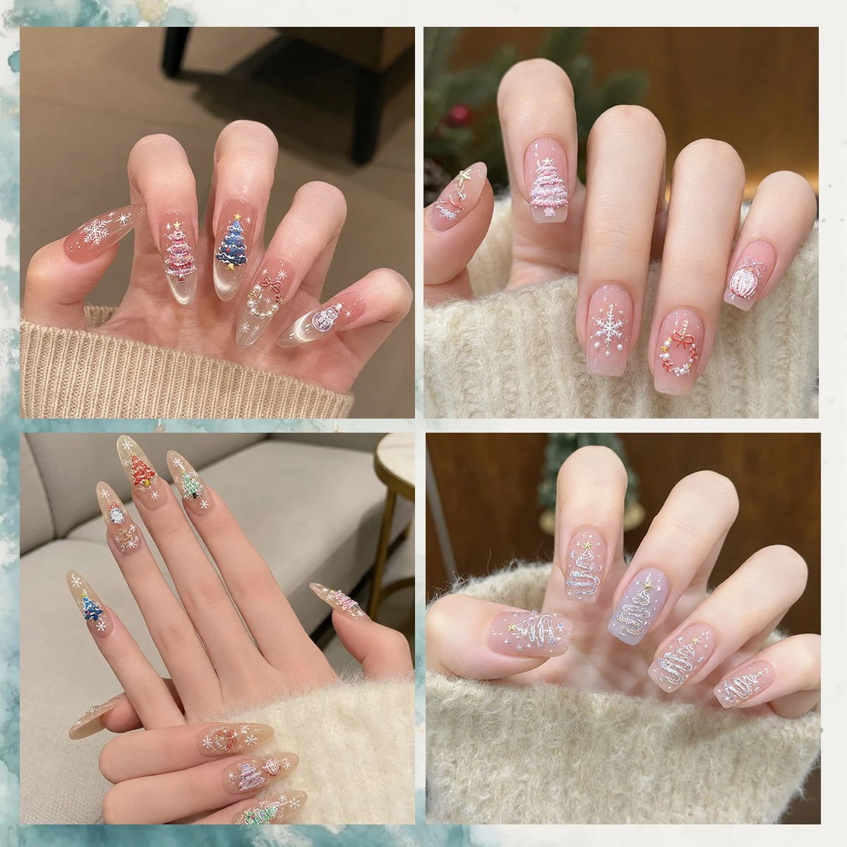 3 to 12 Sheets 5D Holographic Christmas Tree Snowflake Ornament Wreath Reindeer Glitter Self-Adhesive Nail Art Stickers