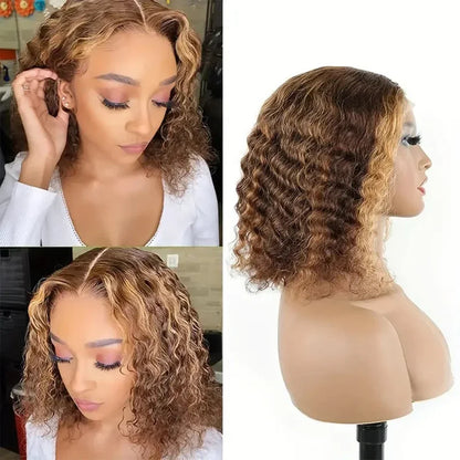 Deep Wave Highlight 13x4 HD Lace Front Bob Wigs Water Wave Human Hair Lace Frontal Wig 10-16 Inch 4/27 Color Preplucked Hair Bob