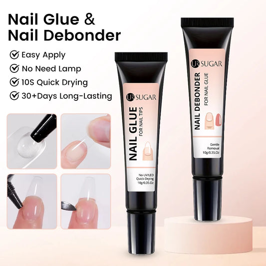 UR SUGAR 10g Nail Glue with Remover Set for Press On Nails Tips No Need Lamp Cured Long Lasting Quick Dry Soak Off Adhesion Gel