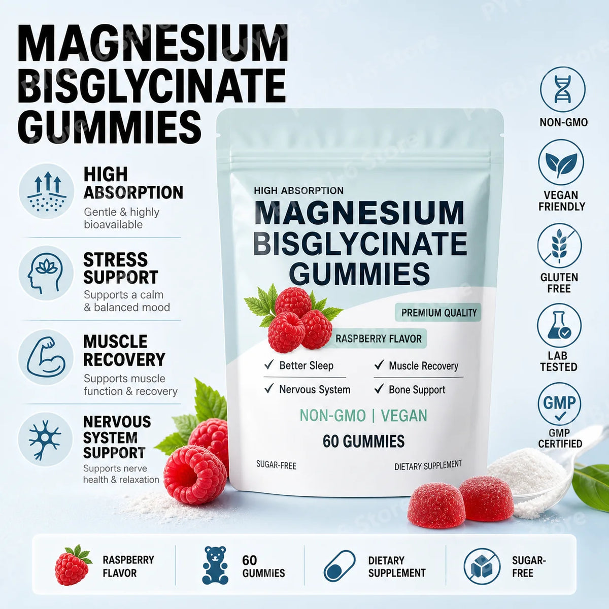 Magnesium Bisglycinate Gummies 400mg Raspberry Flavor Sugar Free Vegan Supplement Sleep Relaxation Muscle Support 60 Gummies