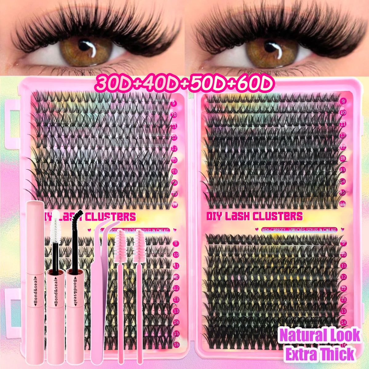False eyelashes Clusters Natural Thick Volume eyelashes Extension Kit - High-Capacity Individual Lashes with Applicators