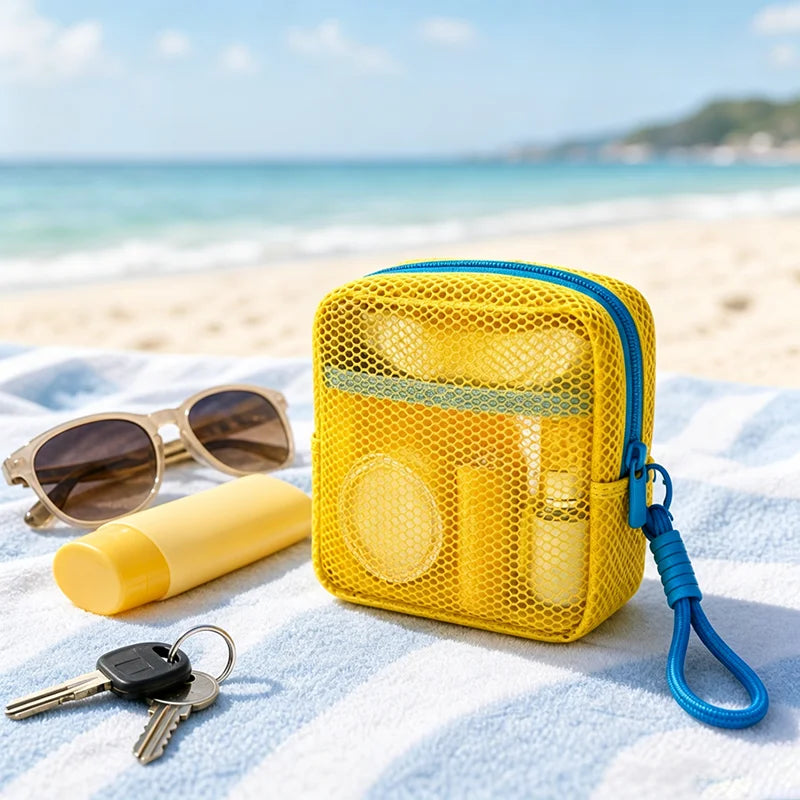Small Mesh Beach Pouch Clear Cosmetic Bag with Detachable Wrist Strap Travel Organizer for Sunscreen Keys Cables