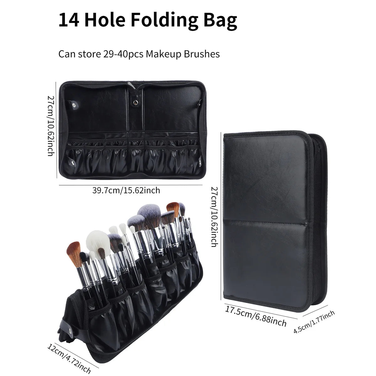Large Black Foldable Makeup Bag 14-40 Hole Storage Organizer for Beauty Brushes Cosmetic Pouch with Handles