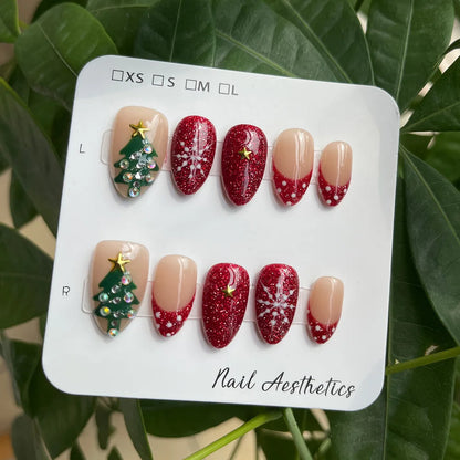 Handmade Short Almond Press On Nails Red Glitter Christmas False Nails Rhinestone Christmas Tree Snowflake Design Reusable 10Pcs