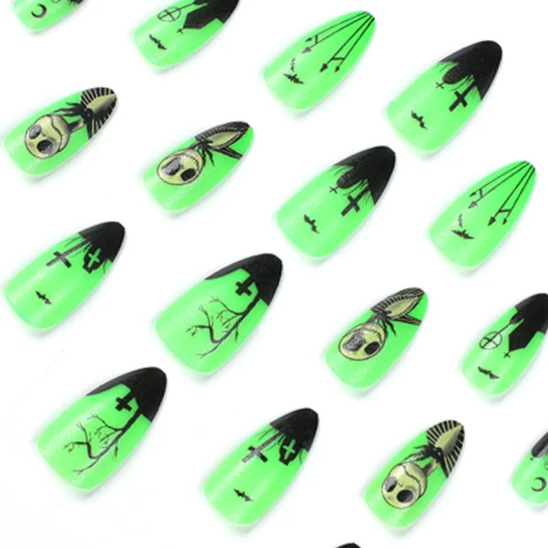 24Pcs Noctilucent skull Fake Nails Almond Long Press On Nails Black Ghost Reusable False Nails Halloween Wearing Nail Decoration