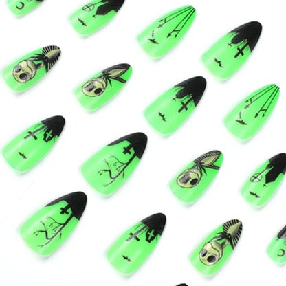 24Pcs Noctilucent skull Fake Nails Almond Long Press On Nails Black Ghost Reusable False Nails Halloween Wearing Nail Decoration