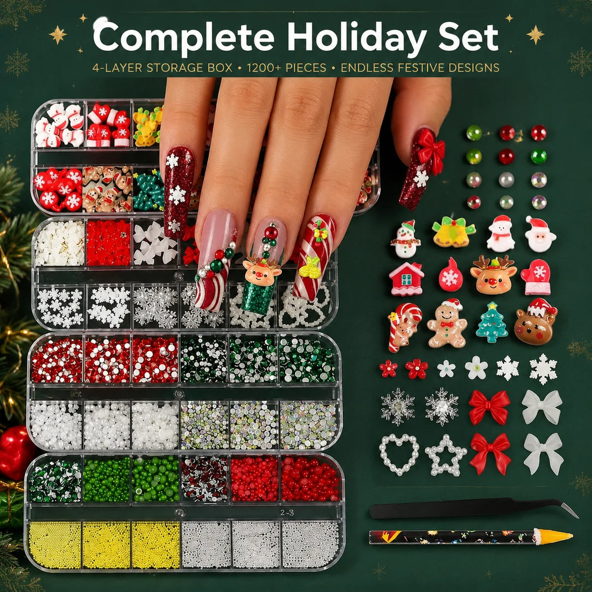 4Box/Set Christmas 3D Nail Charms Assorted Resin Figures Snowflake Bow Pearl Rhinestone Beads For Home Salon Holiday Art Making