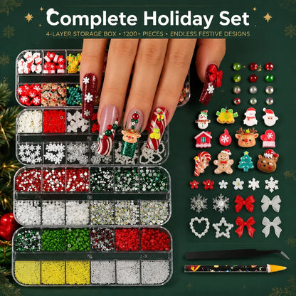 4Box/Set Christmas 3D Nail Charms Assorted Resin Figures Snowflake Bow Pearl Rhinestone Beads For Home Salon Holiday Art Making