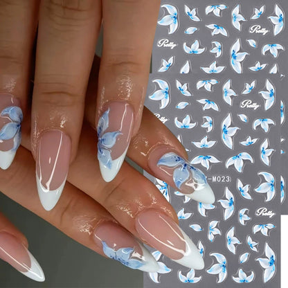 2pcs Hibiscus Flower Nail Art Stickers Blue & White Flowers Charm of Spring Summer Self-Adhesive DIY Decals Manicure Decoration