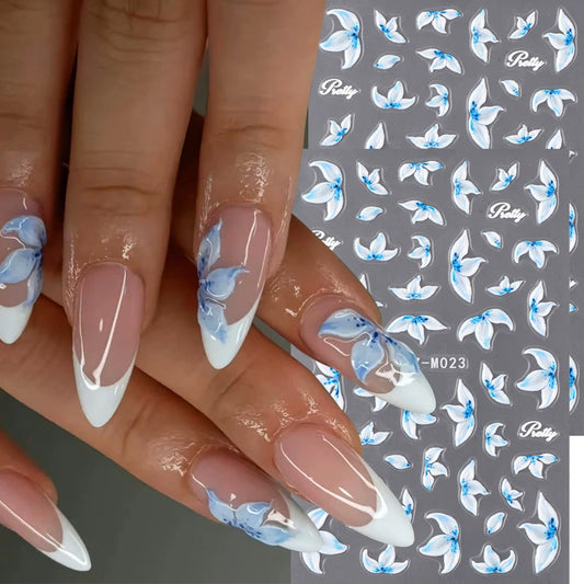2pcs Hibiscus Flower Nail Art Stickers Blue & White Flowers Charm of Spring Summer Self-Adhesive DIY Decals Manicure Decoration