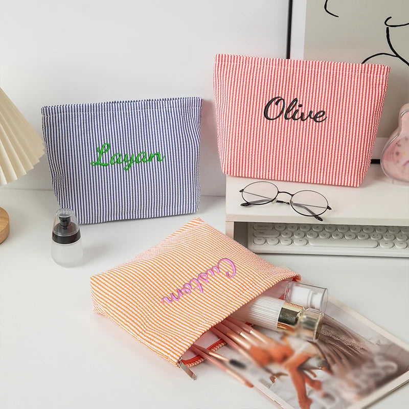 Customised Embroidery/Standard Style 2 Options, Bubble Gauze Striped Makeup Bag, Storage Pouch, Back-to-School Season